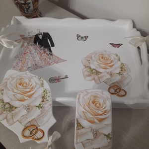Set cu tava, perie si oglinda pentru nunta, Accesorii nunta, Amintiri si cadouri de nunta, Cadou nunta, Set de ceremonie, Decoupage, transfer si tehnici servetel, ARTYNOS