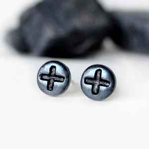 Cercei barbati negru cu argintiu din fimo, cercei surub cercei cu tija cercei clipsuri cercei minimali, cadou unisex - Artynos.ro