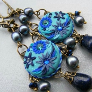 Cercei din fimo cu perle negre naturale si pietre de lapis lazuli. - Artynos.ro
