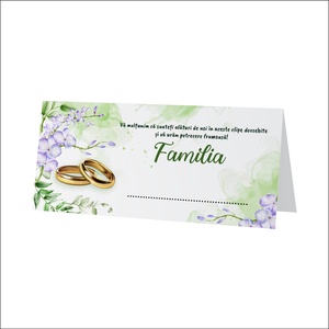 Plic de bani pentru nunta, model elegant cu verighete aurii, flori violet, frunze verzi, mesaj de multumire, Accesorii nunta, Amintiri si cadouri de nunta, Cadou nunta, Plic de bani, card, Fotografie, grafica, desen, ilustratie, ARTYNOS