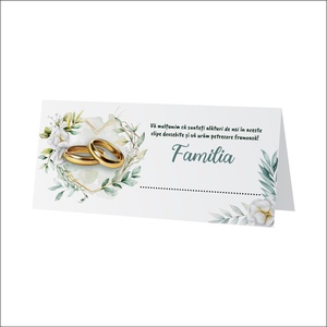 Plic de bani pentru nunta, model elegant cu verighete aurii, inima din flori albe, frunze verzi, mesaj de multumire, Accesorii nunta, Amintiri si cadouri de nunta, Cadou nunta, Plic de bani, card, Fotografie, grafica, desen, ilustratie, ARTYNOS