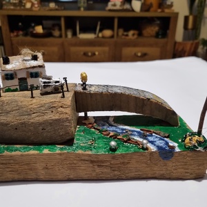 Miniatura din lemn Satul cu pod, Arte vizuale si accesorii , Sculptura, Statuie lemn, Obiecte pictate, Prelucrarea lemnului, ARTYNOS