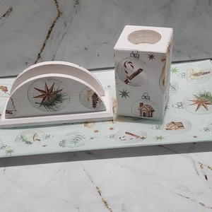 Set suport de servetele + suport lumanare + tava lucrate manual, Accesorii de Craciun, Cadou tematic de Mos Craciun, decoratiuni, Cadouri de Mos Craciun, Decoupage, transfer si tehnici servetel, ARTYNOS