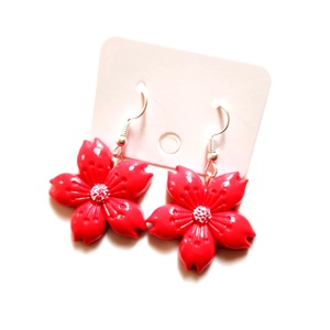 Cercei fimo, flori rosii cu cinci petale, 4484, Bijuterii, Cercei, Cercei agatati, Confectionarea bijuteriilor, ARTYNOS